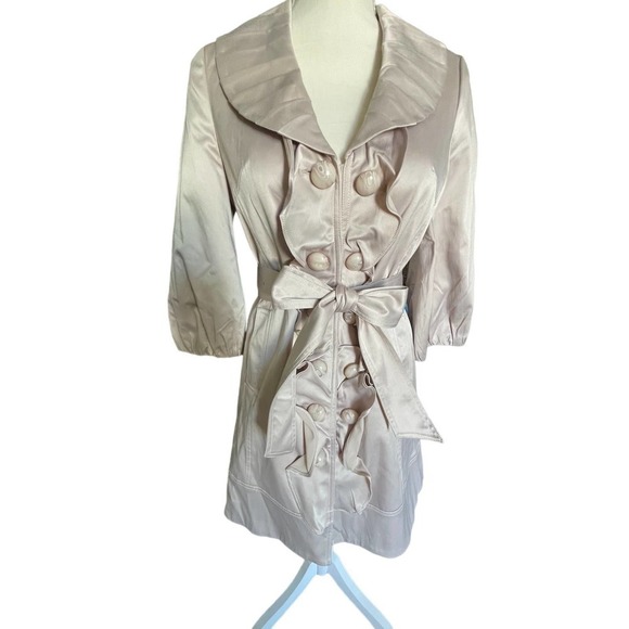 NWT C Luce Womens Double Breasted Ruffle Trench Coat Puff Sleeve Size S Pink - Picture 2 of 13
